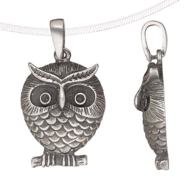 Pendant, antique pewter (tin-based alloy), 25x20mm single-sided owl. Sold individually. image number 0