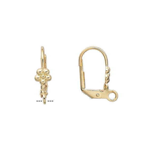 Ear wire leverback 1pkg10 gold-plated, 16mm / 5mm flower / open loop, brass 5 pair image number 0