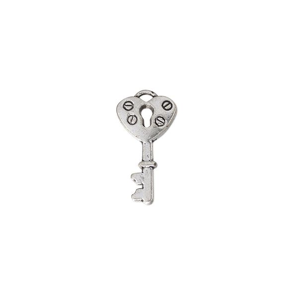 Charm, antique silver-plated "pewter" (zinc-based alloy), 19.5x10mm double-sided key. Sold per pkg of 20. image number 0