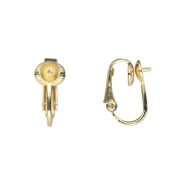 Earring clip-on 1pkg10 gold-plated, 16mm / 5mm cup / 3mm peg / grooved / hinged / 6-8mm round setting, steel 5 pair image number 0