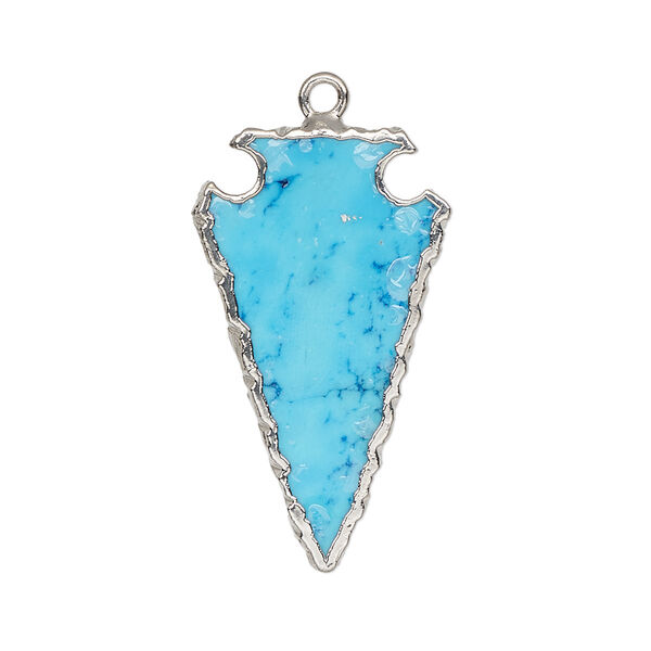 Focal, magnesite (dyed / stabilized) / electroplated silver / silver-plated sterling silver, blue, 30x15mm hand-cut arrowhead. Sold individually. image number 0
