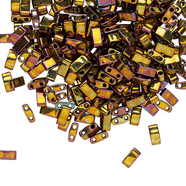 Seed bead, TILA®, glass, pkg/250g, 5x2.3mm half tila rectangle, opaque metallic rainbow golden, (HTL-462). image number 0
