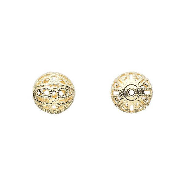 Bead, gold-plated brass, 10mm filigree round. Sold per pkg of 100. image number 0