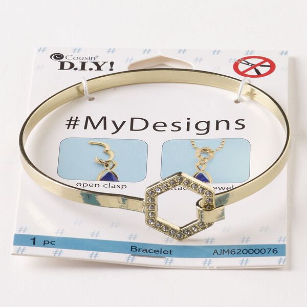 Bracelet, bangle, steel and glass, pkg/1, gold finish and clear, 8 inches with 20mm hexagon and hook clasp. image number 0