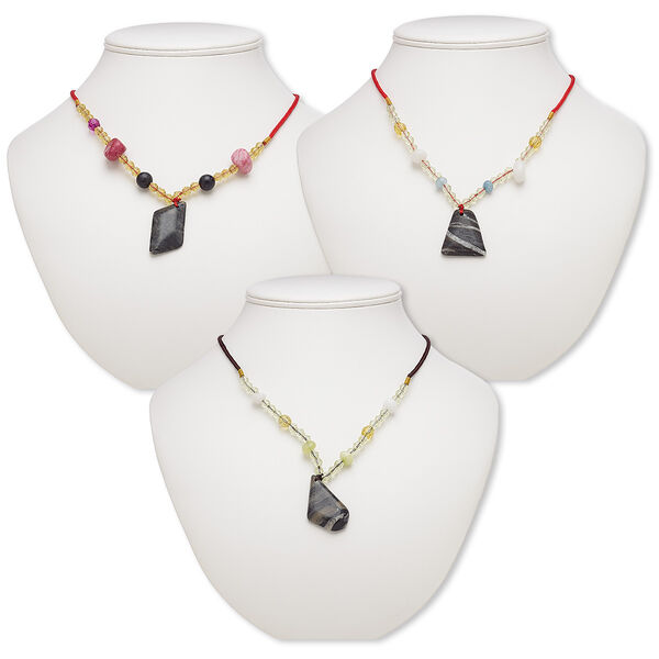 Multi-gemstone / acrylic / glass 1pkg3, freeform pendant necklace mix continuous loop 20 inch 29x20mm-38x27mm image number 0