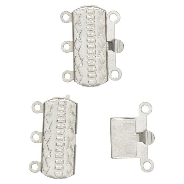 Clasp, 3-strand tab, stainless steel, 20x8mm rectangle with stitched design. Sold per pkg of 10. image number 0