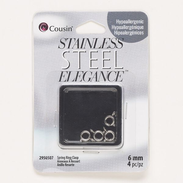 Clasp, springring, stainless steel, 6mm. Sold per pkg of 4. image number 0
