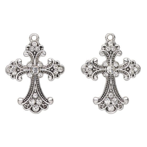 Focal, antique silver-finished "pewter" (zinc-based alloy) and glass, clear, 30x24mm fancy cross. Sold per pkg of 2. image number 0