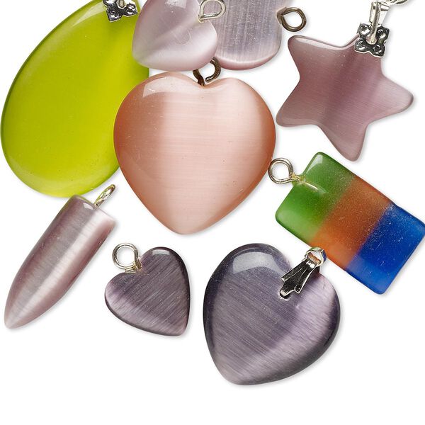 Pendant and drop mix, cat's eye glass (fiber optic glass) and silver-finished steel, mixed colors, 10x8mm-38x25mm mixed shape. Sold per pkg of 10. image number 0