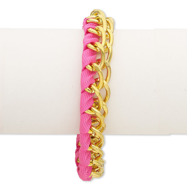 Bracelet, nylon and gold-finished steel, neon pink, 12mm wide with woven design, 7-1/2 inches with 2-inch extender chain and lobster claw clasp. Sold individually. image number 0