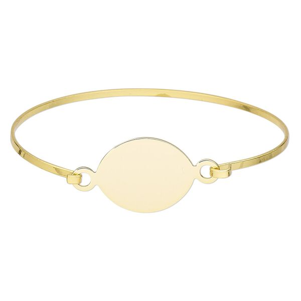 Bracelet component, bangle, gold-finished brass and "pewter" (zinc-based alloy), 20.5mm wide with 24x20mm oval flat pad setting, 8 inches. Sold individually. image number 0