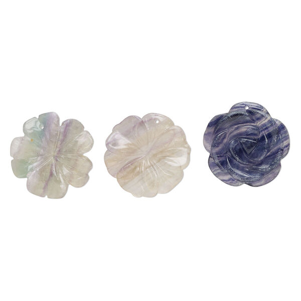Rainbow fluorite / purple fluorite 1pkg3, top-drilled carved flower focal natural B- grade, mix 39x33mm-40x41mm image number 0