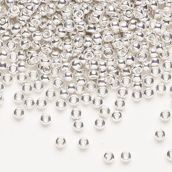 Seed bead, Miyuki, glass, pkg/4g, #8 rocaille, opaque silver-plated, (RR-961). image number 0