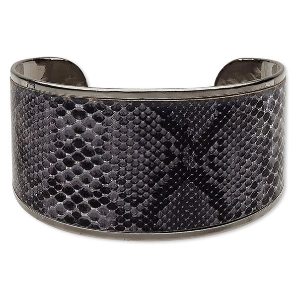Bracelet, cuff, imitation leather and gunmetal-plated steel, black and grey, 42mm wide with snakeskin pattern, 8 inches. Sold individually. image number 0