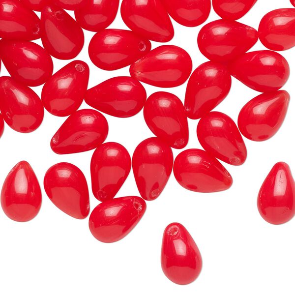 Bead, glass, translucent red, 10x6mm top-drilled teardrop. Sold per 1-ounce pkg, approximately 65 beads. image number 0