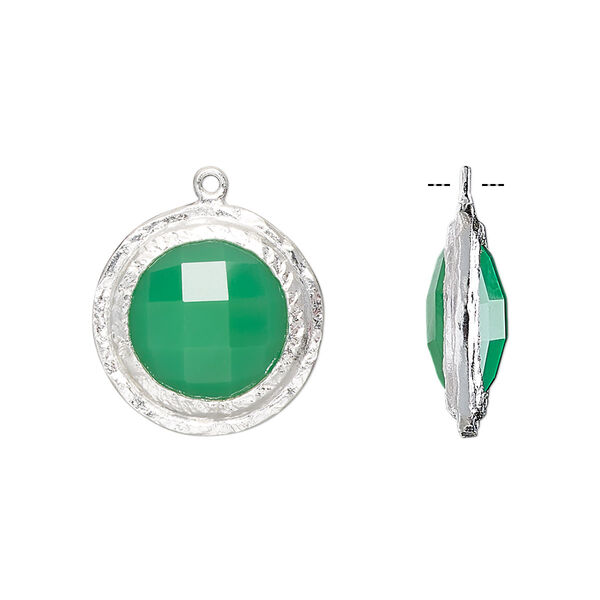 Drop, chalcedony (dyed) and sterling silver, sea green, 17mm double-sided faceted round with hammered edge. Sold individually. image number 0
