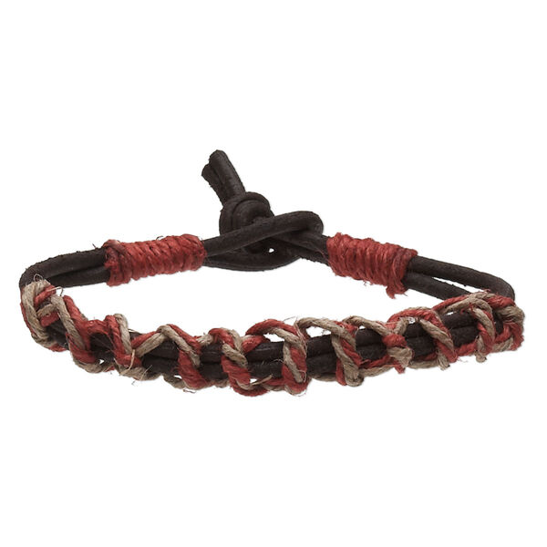 Bracelet, leather (dyed) / waxed cotton cord / flax, dark brown / red / tan, 8mm wide knotted design, 6-1/2 inches with knot closure. Sold per pkg of 2. image number 0