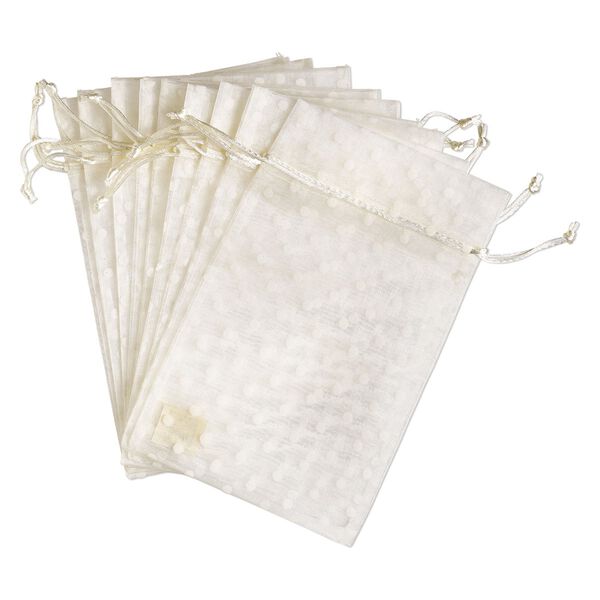 Pouch, flocked organza, ivory, 10x6 inches with dots pattern and drawstring closure. Sold per pkg of 12. image number 0
