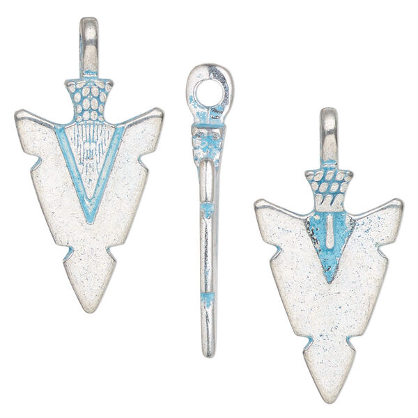 Charm, antique silver-finished pewter (tin-based alloy), blue patina, 25x16mm two-sided arrowhead. Sold per pkg of 4. image number 0
