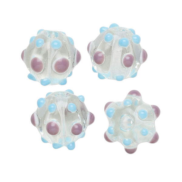 Bead, lampworked glass, clear / light blue / light purple, 15x13mm fluted round. Sold per pkg of 4. image number 0