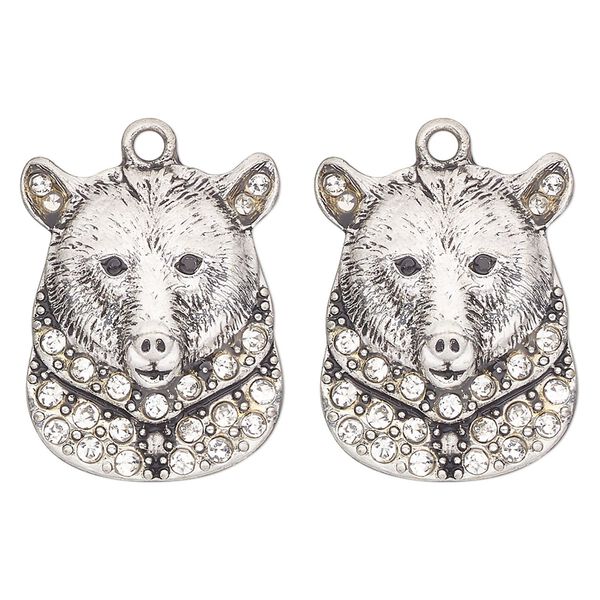 Charm, antique silver-finished "pewter" (zinc-based alloy) and glass, clear and black, 24x19mm single-sided bear head. Sold per pkg of 2. image number 0