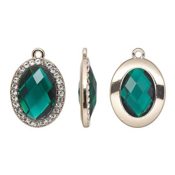Drop, glass / glass rhinestone / gold-finished "pewter" (zinc-based alloy), clear and transparent emerald green, 23.5x19mm single-sided oval. Sold per pkg of 2. image number 0