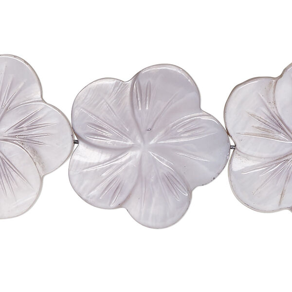 Bead, mother-of-pearl shell (dyed), light grey, 24x23mm-26x25mm carved flat flower with 0.6-0.8mm hole, Mohs hardness 3-1/2. Sold per 15-1/2" to 16" strand. image number 0