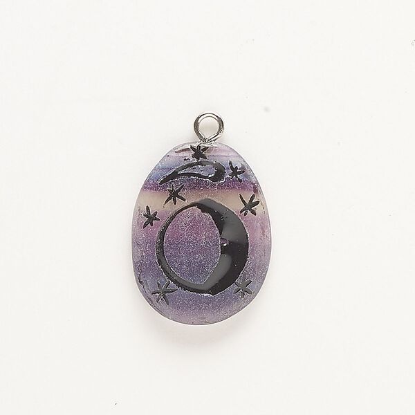 Drop, silver-finished steel and purple fluorite (natural), 33x25mm freeform teardrop with moon / stars / comet. Sold individually. image number 0