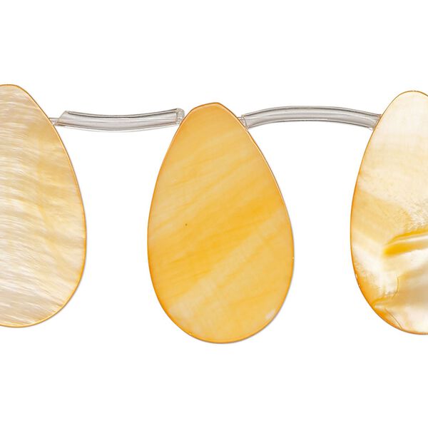 Bead, mother-of-pearl shell (dyed), orange, 25x6mm-25x8mm top-drilled flat teardrop, Mohs hardness 3-1/2. Sold per 14-inch strand, approximately 15 beads. image number 0