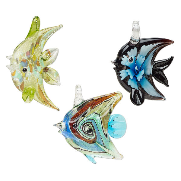 Random focal mix, lampworked glass, opaque and translucent mixed colors, 39x35mm-52x40mm angelfish with copper-colored glitter and silver-colored foil. Sold per pkg of 3. image number 0