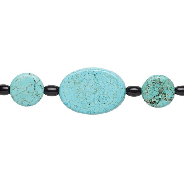 Bead mix, "turquoise" (imitation) resin / rose quartz (dyed) / glass, light blue and black, 6mm-35x25mm mixed shape. Sold per pkg of 7. image number 0