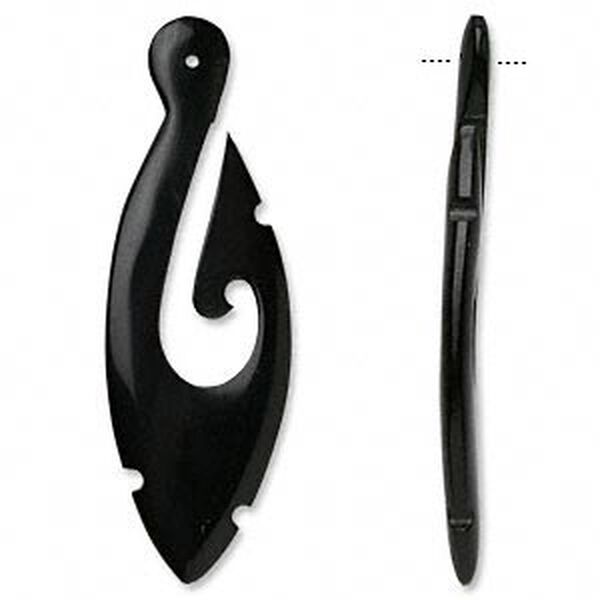 Focal, horn (dyed), black, 3x1-inch hand-carved hook. Sold individually. image number 0