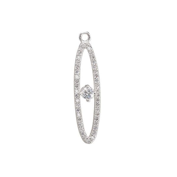 Drop, cubic zirconia and silver-plated brass, clear, 25x6.5mm single-sided open oval. Sold individually. image number 0