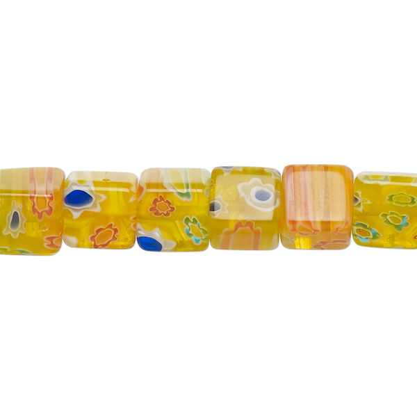 Bead, millefiori glass, golden yellow, 7-9mm cube with flower and stripe design. Sold per 14-inch strand. image number 0