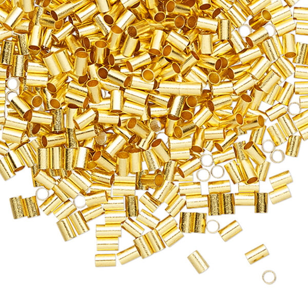 Crimp, gold-finished brass, 3x2mm round tube, 1.4mm inside diameter. Sold per pkg of 1,000. image number 0