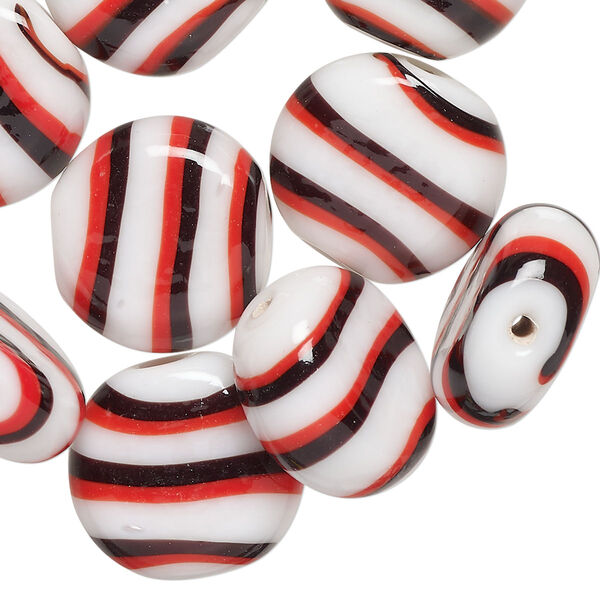 Bead, lampworked glass, opaque red / black / white, 17mm flat round. Sold per pkg of 10. image number 0