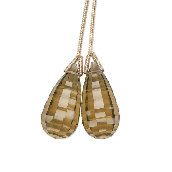 Lemon smoky quartz 1pkg2, hand-cut top-drilled checkerboard faceted briolette bead 20x10mm image number 0