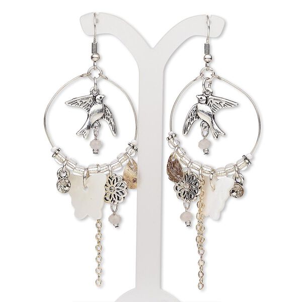 Earring, Chinese mussel shell / mother-of-pearl shell (natural / bleached) / glass / antique silver- / gold-finished "pewter" (zinc-based alloy) / brass / steel, white / clear / grey, 3-1/2 inches with round hoop and fishhook ear wire. Sold per pair. image number 0