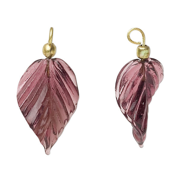Drop, glass and brass, transparent amethyst purple, 24x15mm double-sided twisted leaf. Sold per pkg of 12. image number 0