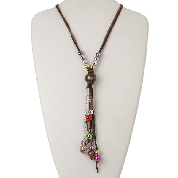 Necklace, 2-strand, lampworked glass / acrylic / velveteen / silver-finished steel, multicolored, 56 inches with 7-1/2 inch dangle and tie closure. Sold individually. image number 0