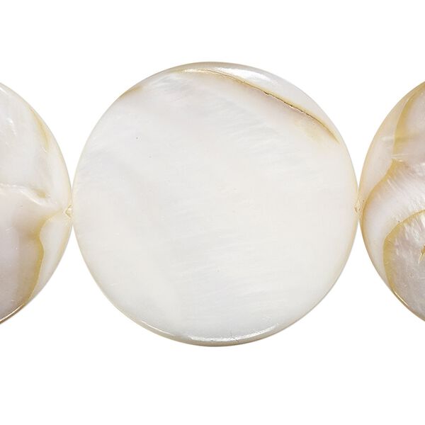 Bead, mother-of-pearl shell (natural / bleached), white, 29-30mm flat round, Mohs hardness 3-1/2. Sold per 15" to 16" strand. image number 0