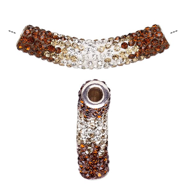Bead, Dione®, resin / glass rhinestone / silver-plated brass, browns / white / clear, 47x9mm curved tube, 4mm hole. Sold individually. image number 0