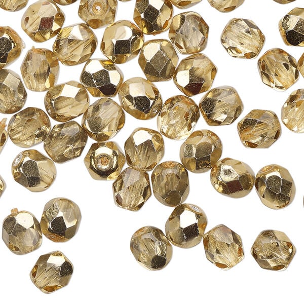 Bead 1pkg60 Czech fire-polished glass, 6mm faceted round, opaque half-coated metallic pale gold image number 0