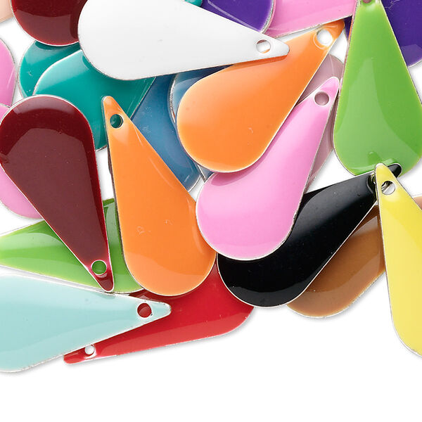 Drop mix, epoxy and silver-plated brass, mixed colors, 22x10mm double-sided teardrop. Sold per pkg of 40. image number 0