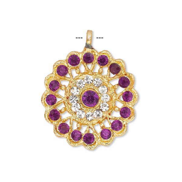 Pendant, glass rhinestone and gold-finished "pewter" (zinc-based alloy), clear and purple, 23mm round. Sold individually. image number 0