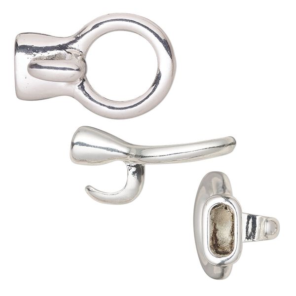 Clasp, hook, silver-finished "pewter" (zinc-based alloy), 33x22 with 10x4.5mm glue-in cord end. Sold per pkg of 2. image number 0