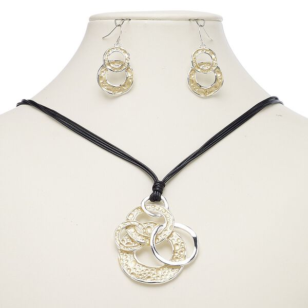Necklace and earring set, enamel / waxed cotton cord / imitation rhodium-plated steel / brass / "pewter" (zinc-based alloy), black and yellow, 54x48mm circles, 18-inch necklace with 2-inch extender chain and lobster claw clasp, 41mm earrings with fishhook ear wire. Sold per set. image number 0