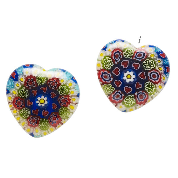 Bead, millefiori glass, translucent multicolored, 18-20mm half-drilled puffed heart with flower and heart design. Sold per pkg of 2. image number 0