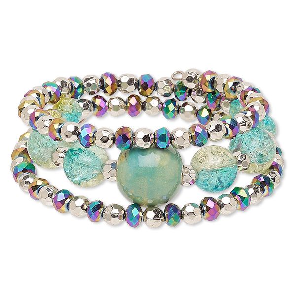 Bracelet, acrylic / glass / steel memory wire / silver-coated plastic, multicolored, 30mm wide with round, adjustable from 7-1/2 to 9 inches. Sold individually. image number 0