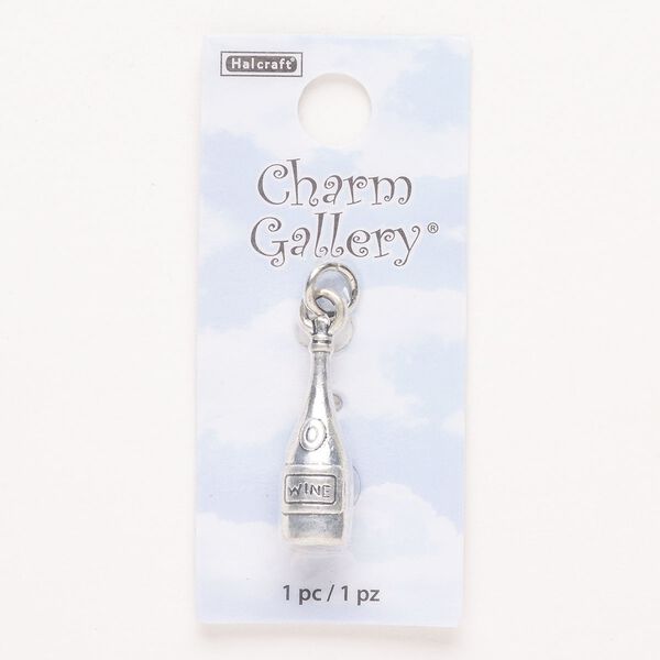Charm, steel and enamel, pkg/1, silver finish and black, 27x18mm wine bottle. image number 0